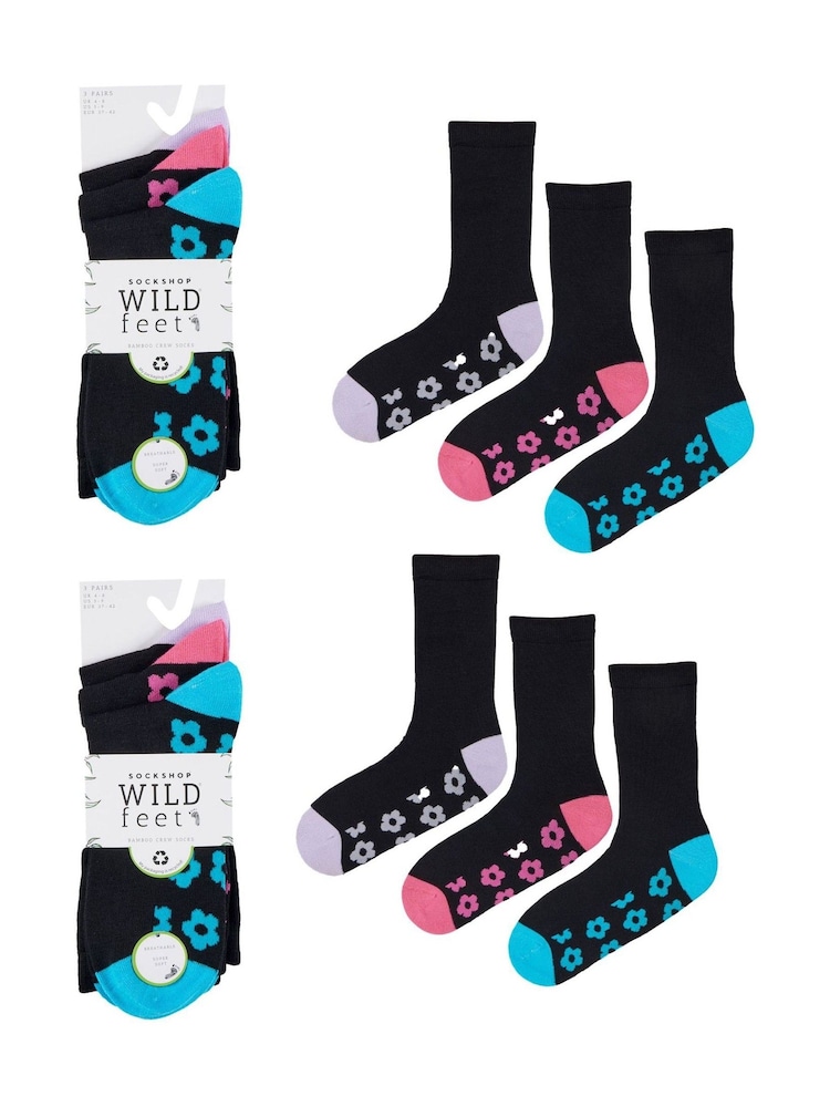Wild Feet Black Bamboo Viscose Flower Print Sole Crew Socks - Image 4 of 5