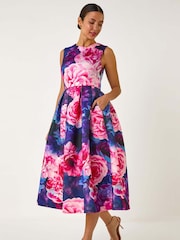 Roman Blue Rose Print Pleated Scuba Midi Dress - Image 1 of 5