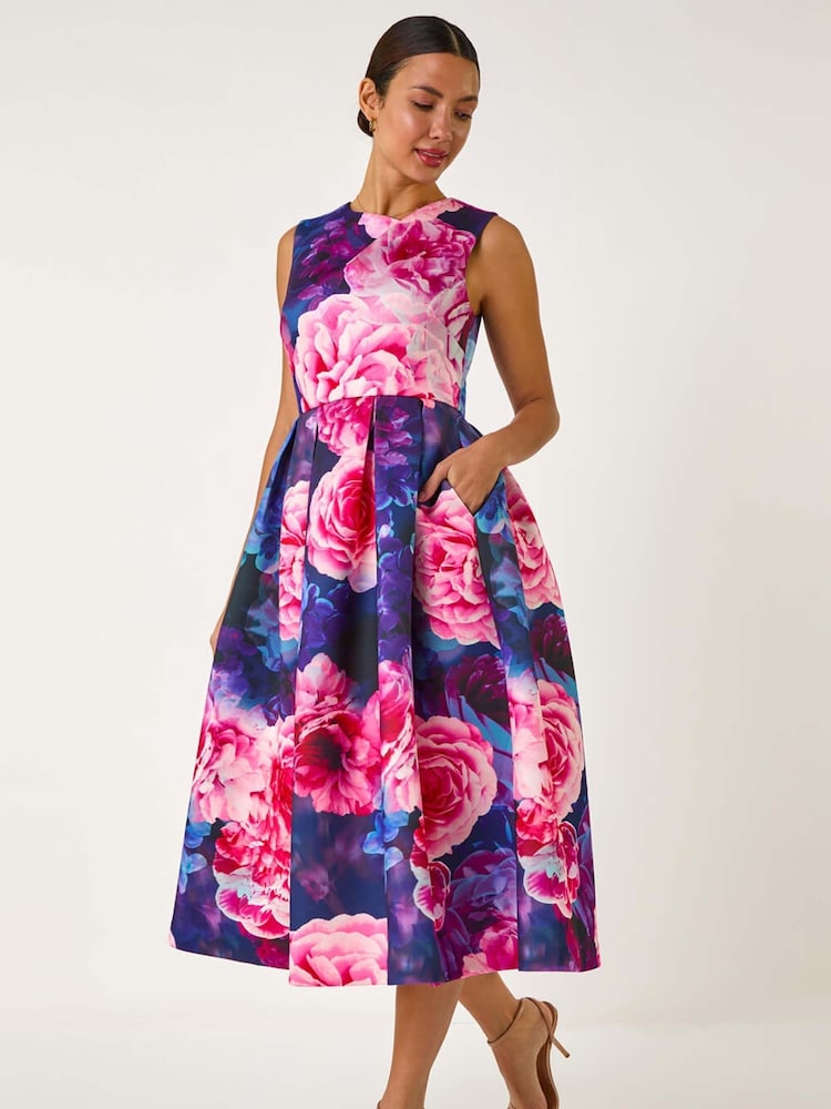 Roman Blue Rose Print Pleated Scuba Midi Dress - Image 1 of 5