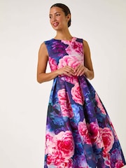 Roman Blue Rose Print Pleated Scuba Midi Dress - Image 2 of 5