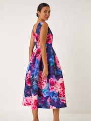 Roman Blue Rose Print Pleated Scuba Midi Dress - Image 3 of 5