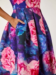 Roman Blue Rose Print Pleated Scuba Midi Dress - Image 5 of 5