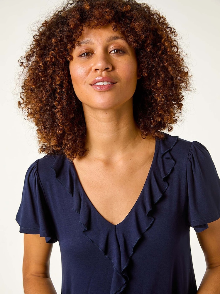 Roman Blue Ruffle Front Stretch Top - Image 1 of 5