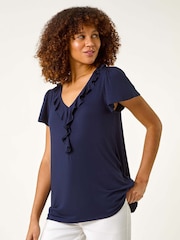 Roman Blue Ruffle Front Stretch Top - Image 2 of 5