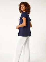 Roman Blue Ruffle Front Stretch Top - Image 3 of 5