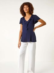 Roman Blue Ruffle Front Stretch Top - Image 4 of 5