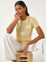 Roman Yellow Daisy Sequin Embroidered Knit Top - Image 1 of 5