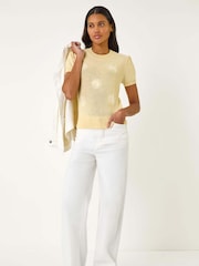 Roman Yellow Daisy Sequin Embroidered Knit Top - Image 2 of 5