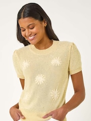 Roman Yellow Daisy Sequin Embroidered Knit Top - Image 4 of 5