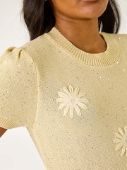 Roman Yellow Daisy Sequin Embroidered Knit Top - Image 5 of 5