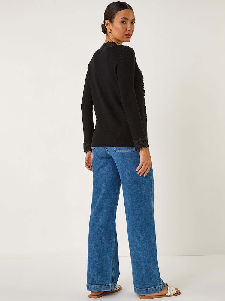 Roman Black Lace Trim Knit Cardigan - Image 3 of 5