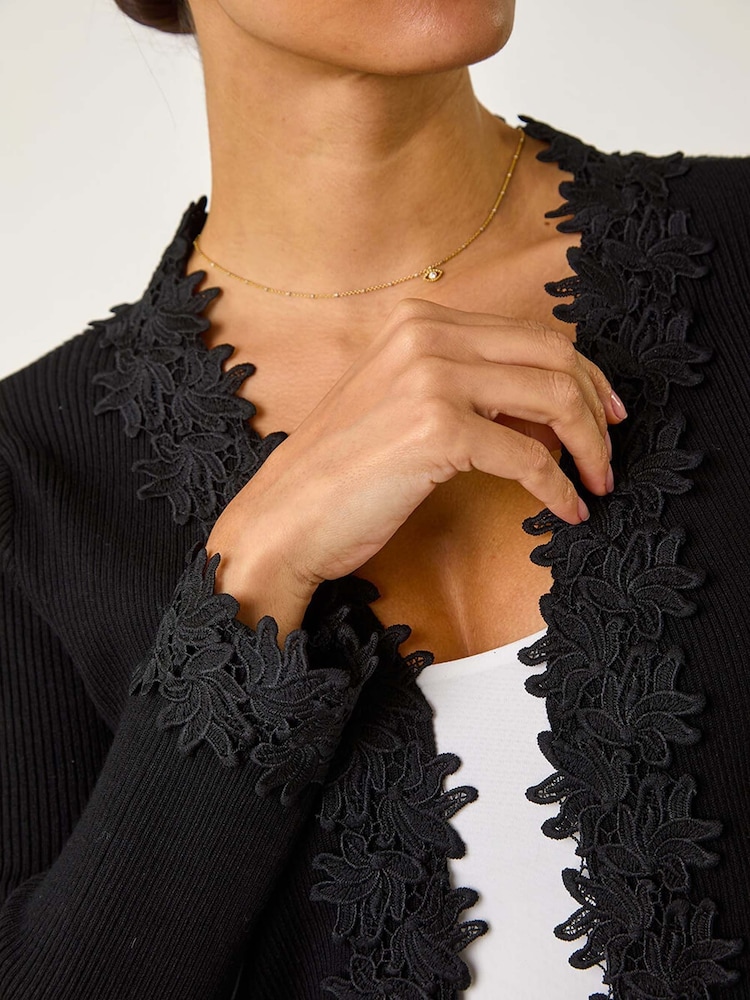 Roman Black Lace Trim Knit Cardigan - Image 5 of 5
