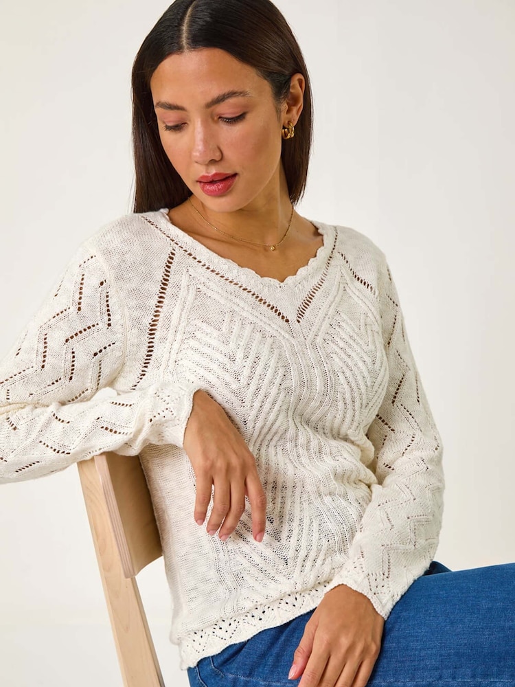 Roman White Scallop V-Neck Knit Jumper - Image 1 of 5