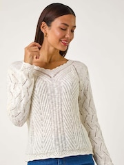 Roman White Scallop V-Neck Knit Jumper - Image 4 of 5