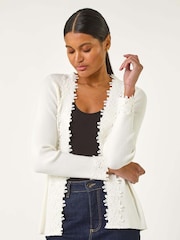 Roman White Lace Trim Knit Cardigan - Image 1 of 5