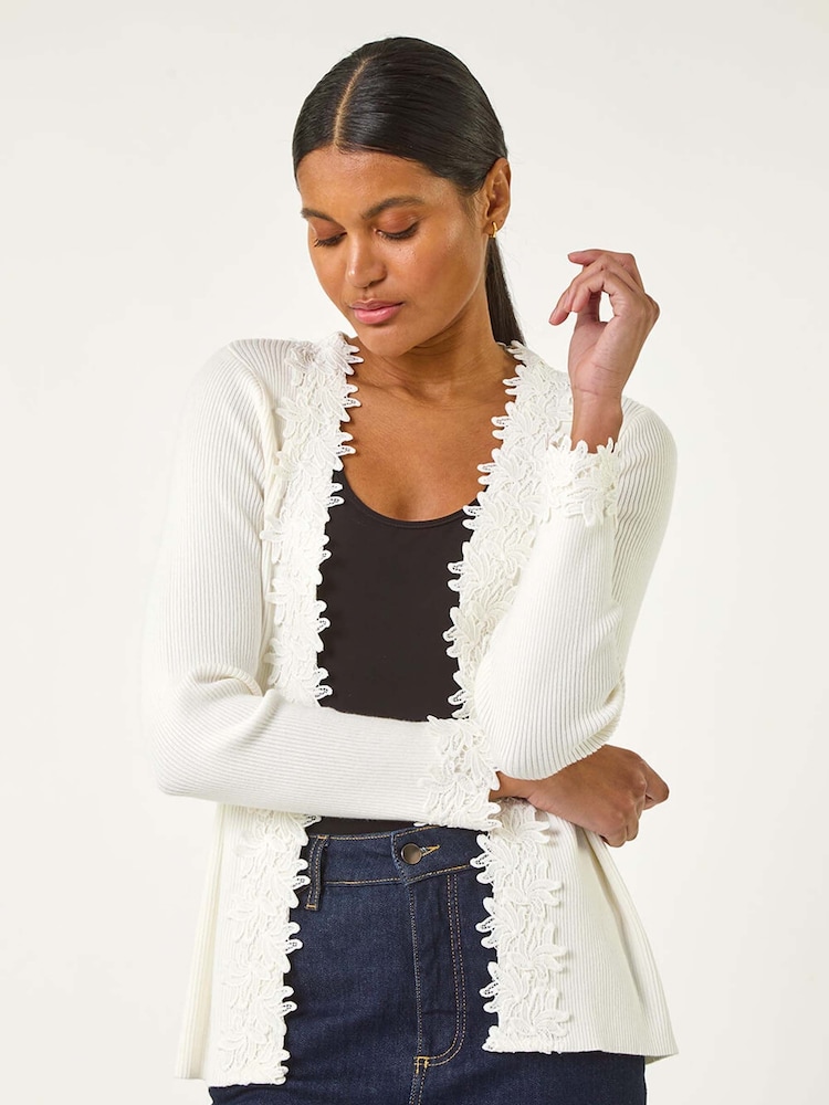 Roman White Lace Trim Knit Cardigan - Image 1 of 5
