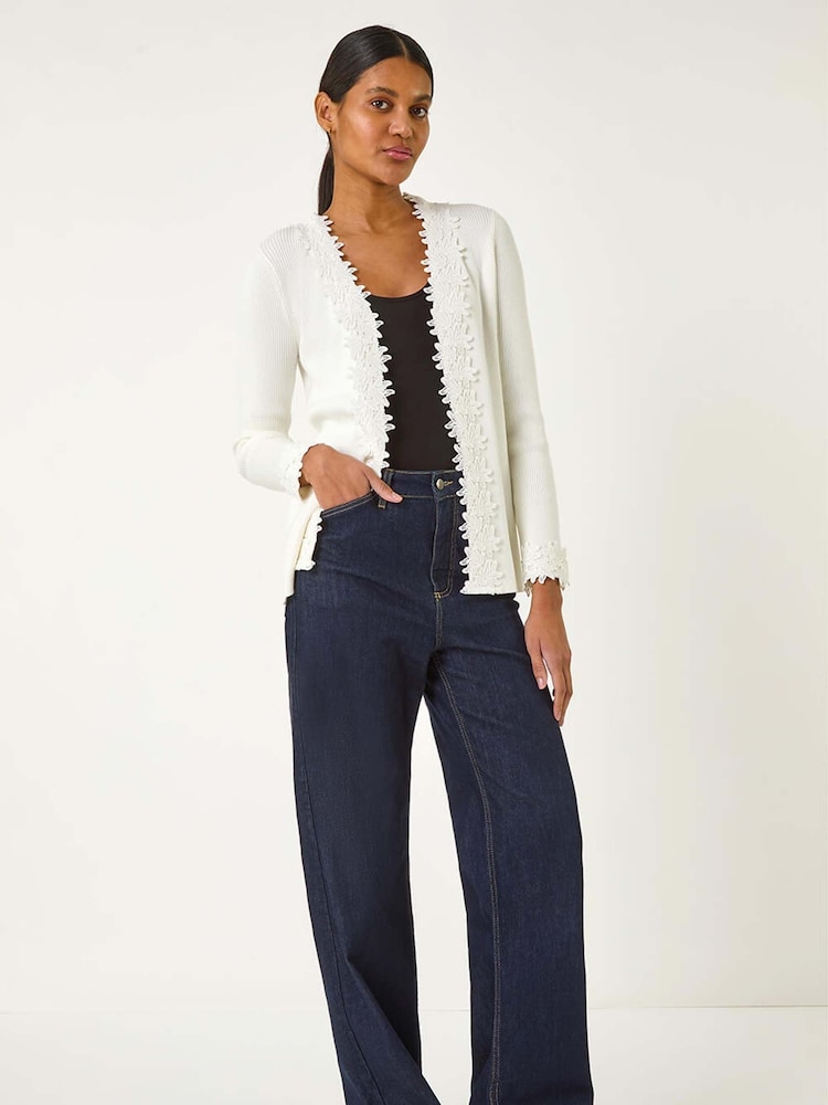 Roman White Lace Trim Knit Cardigan - Image 2 of 5