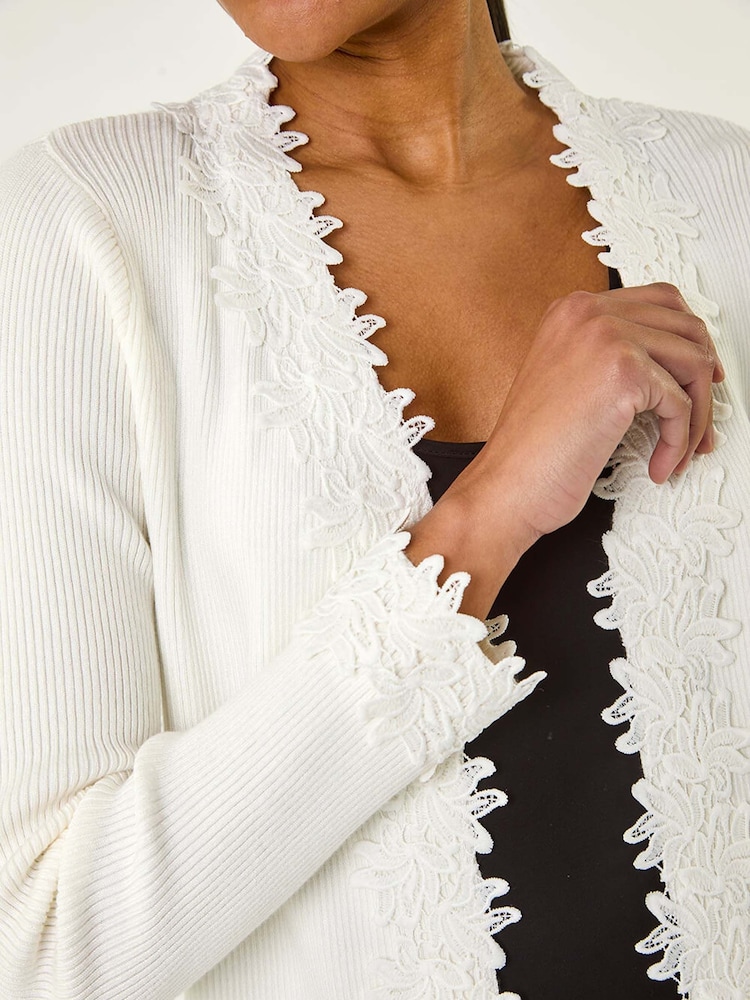 Roman White Lace Trim Knit Cardigan - Image 5 of 5