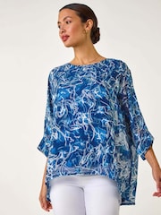 Roman Blue Abstract Print Overlay Tunic Top - Image 1 of 5