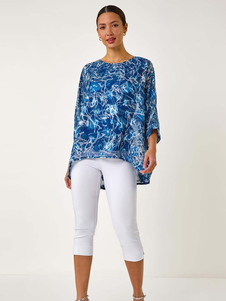 Roman Blue Abstract Print Overlay Tunic Top - Image 2 of 5