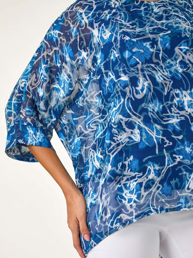 Roman Blue Abstract Print Overlay Tunic Top - Image 5 of 5