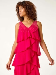 Roman Pink Embellished Hotfix Tiered Chiffon Dress - Image 1 of 5