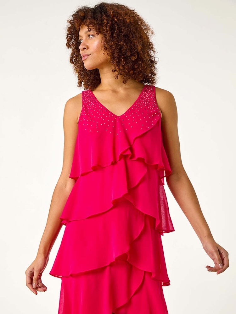 Roman Pink Embellished Hotfix Tiered Chiffon Dress - Image 1 of 5