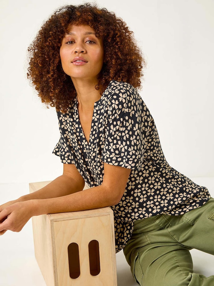 Roman Black Abstract Print V-Neck Tunic Top - Image 1 of 5