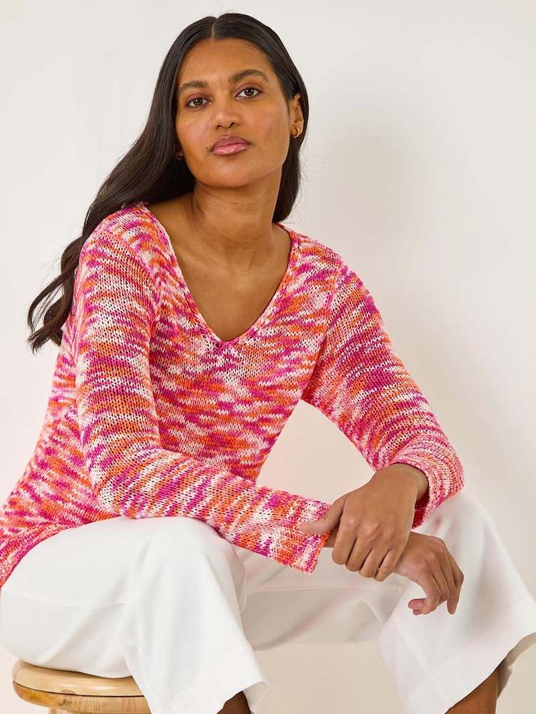Roman Pink Spacedye V-Neck Knit Jumper - Image 1 of 5 Roman Pink Spacedye V-Neck Knit Jumper - Image 1 of 5