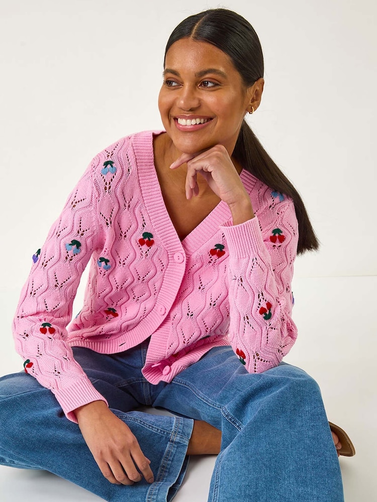Roman Pink Embroidered Cherry V-Neck Knit  100% Cotton Cardigan - Image 1 of 5