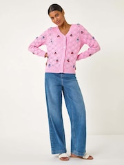 Roman Pink Embroidered Cherry V-Neck Knit  100% Cotton Cardigan - Image 2 of 5