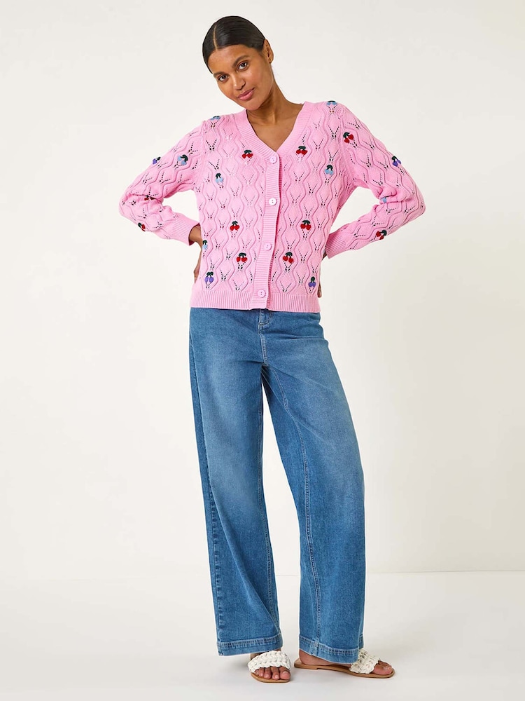 Roman Pink Embroidered Cherry V-Neck Knit 100% Cotton Cardigan - Image 2 of 5 Roman Pink Embroidered Cherry V-Neck Knit 100% Cotton Cardigan - Image 2 of 5