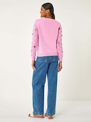Roman Pink Embroidered Cherry V-Neck Knit  100% Cotton Cardigan - Image 3 of 5