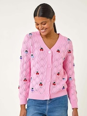 Roman Pink Embroidered Cherry V-Neck Knit  100% Cotton Cardigan - Image 4 of 5