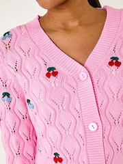 Roman Pink Embroidered Cherry V-Neck Knit  100% Cotton Cardigan - Image 5 of 5