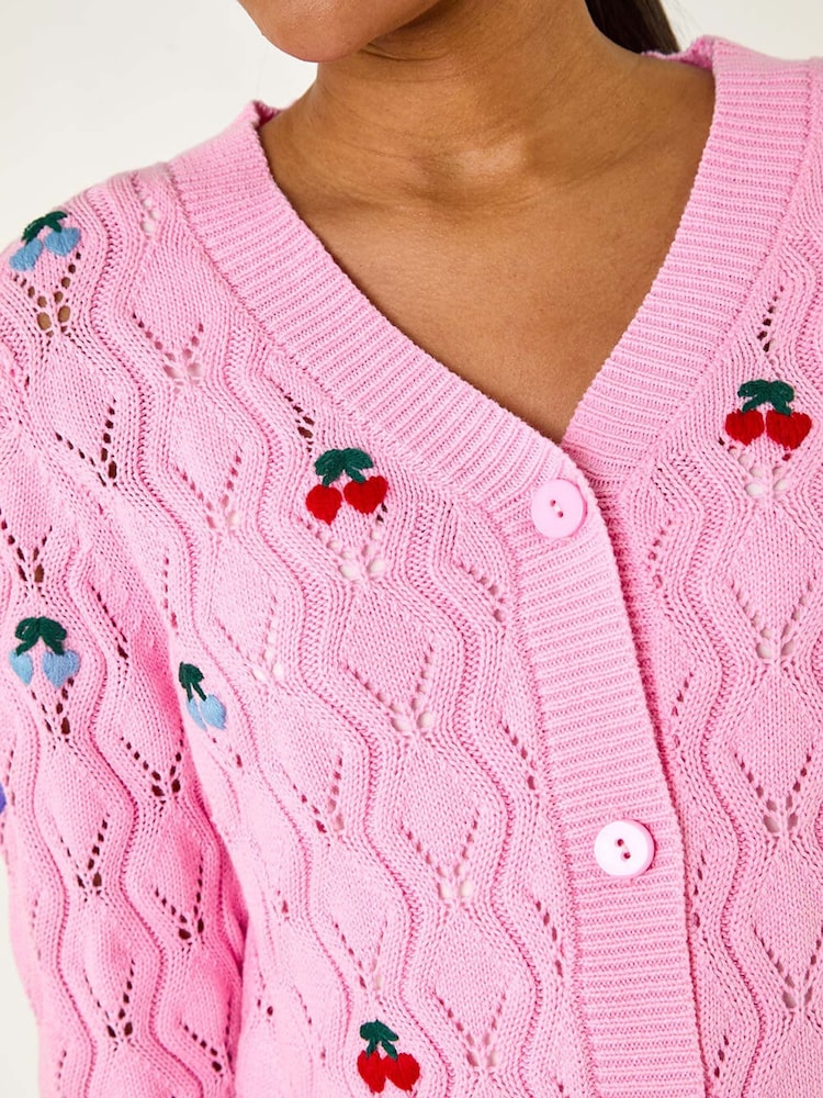 Roman Pink Embroidered Cherry V-Neck Knit  100% Cotton Cardigan - Image 5 of 5