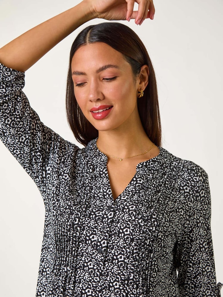 Roman Black Animal Print Pintuck Shirt - Image 1 of 5