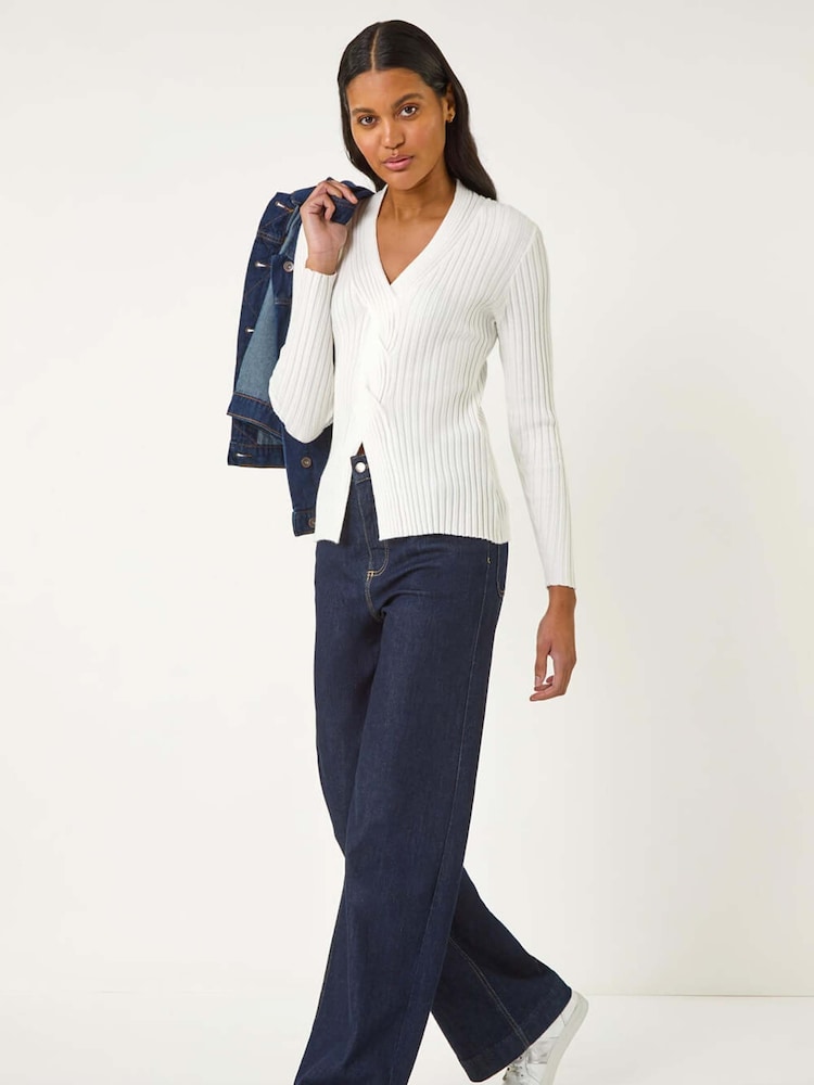 Roman White Cable Split Knit Jumper - Image 2 of 5