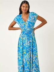 Roman Blue Abstract Ruched Maxi Dress - Image 4 of 5