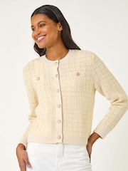 Roman Yellow Check Textured Button Knit Cardigan - Image 1 of 5