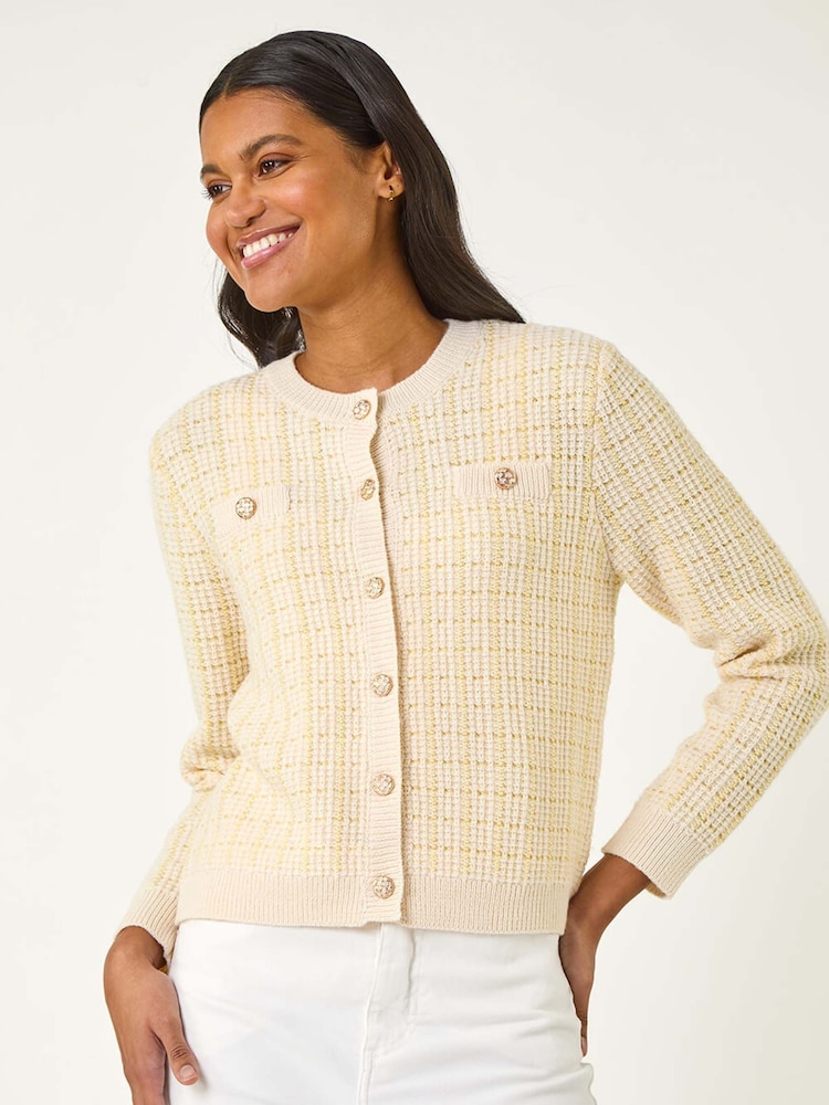 Roman Yellow Check Textured Button Knit Cardigan - Image 1 of 5