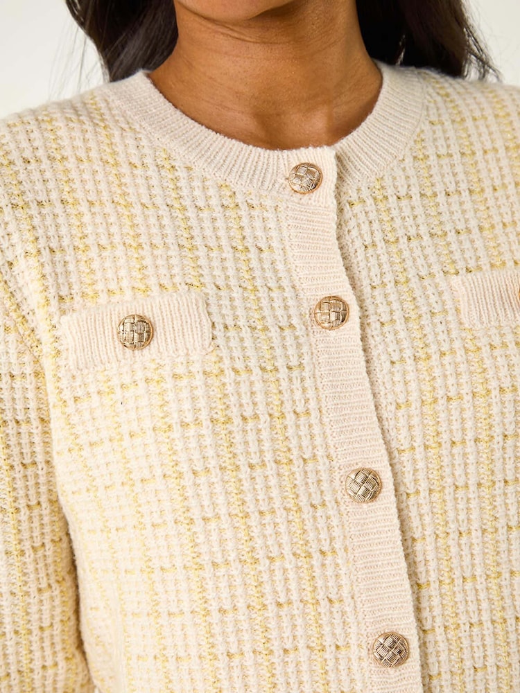 Roman Yellow Check Textured Button Knit Cardigan - Image 5 of 5