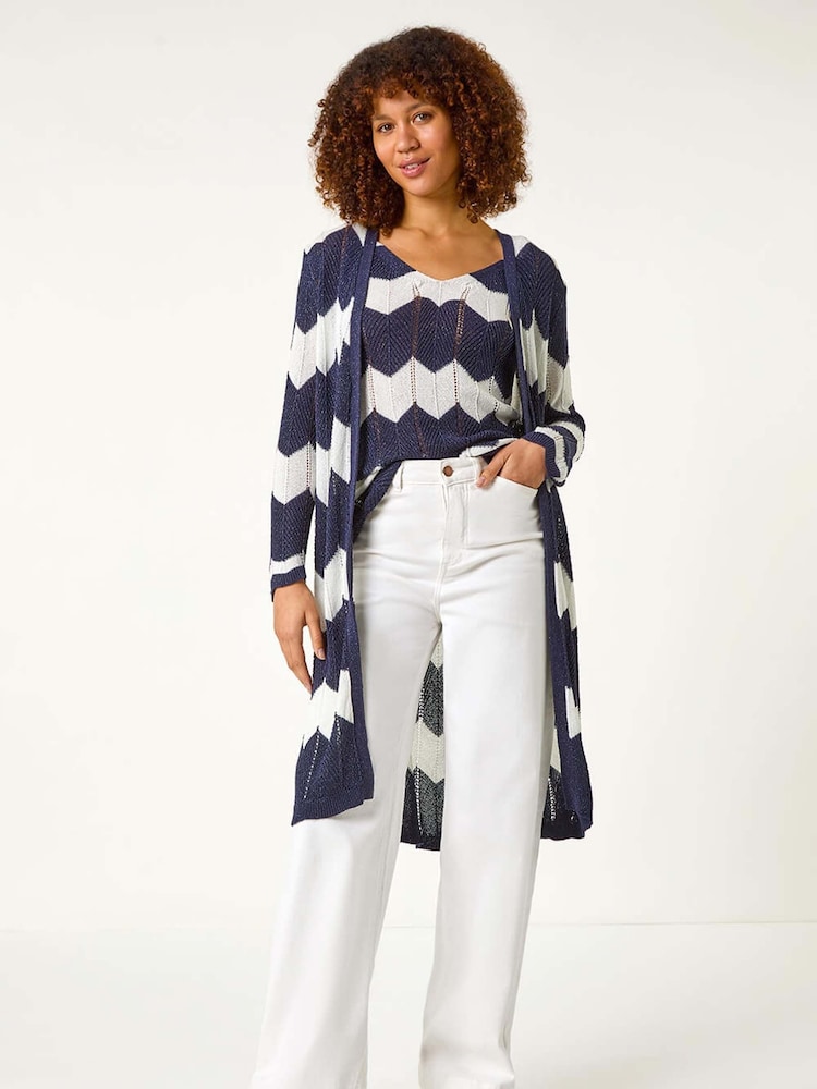Roman Blue Chevron Stripe Shimmer Longline Cardigan - Image 1 of 5