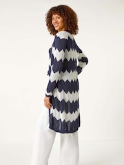 Roman Blue Chevron Stripe Shimmer Longline Cardigan - Image 2 of 5
