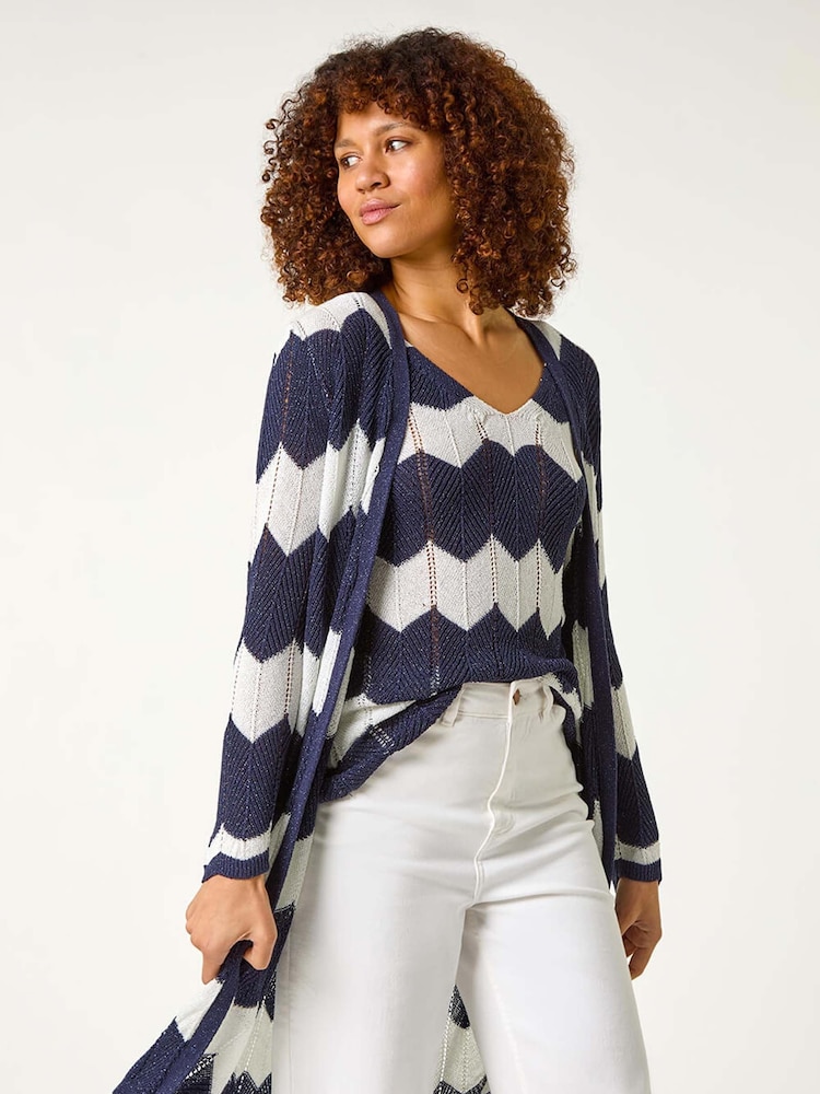 Roman Blue Chevron Stripe Shimmer Longline Cardigan - Image 3 of 5