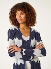 Roman Blue Chevron Stripe Shimmer Longline Cardigan - Image 4 of 5