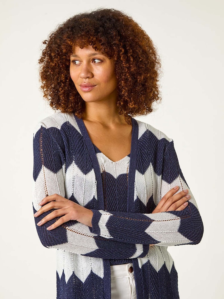 Roman Blue Chevron Stripe Shimmer Longline Cardigan - Image 4 of 5
