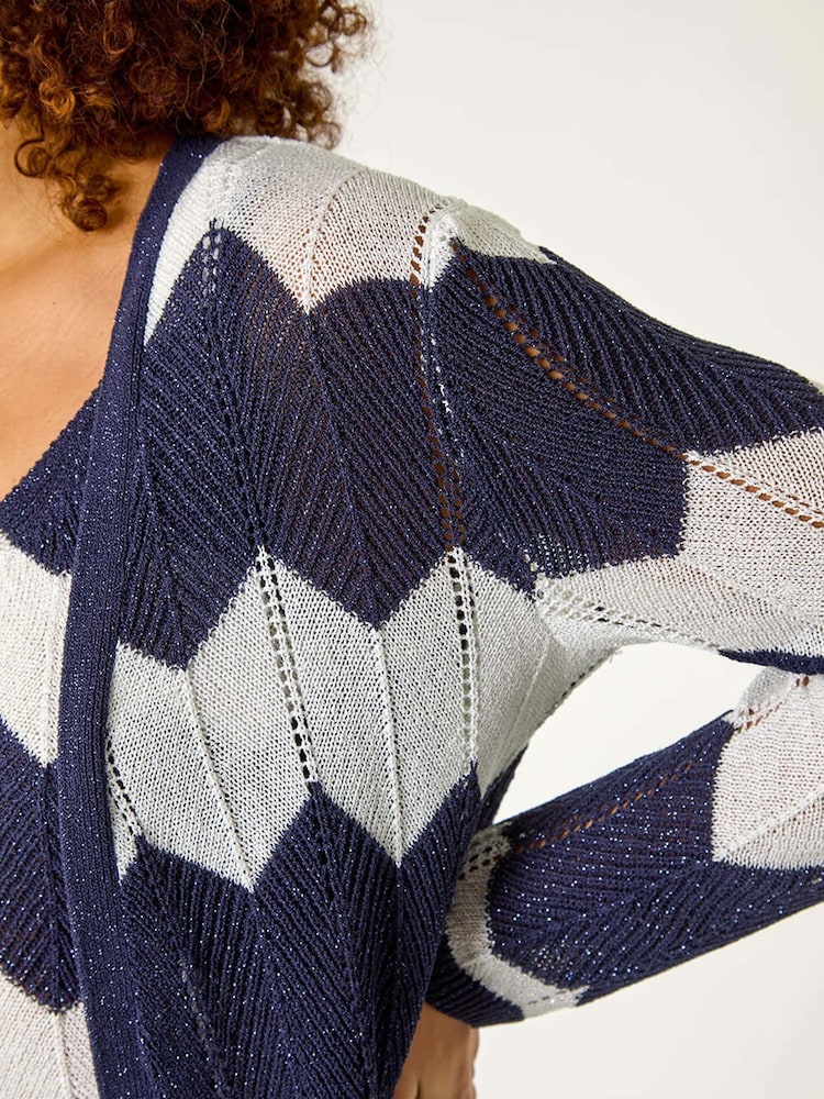 Roman Blue Chevron Stripe Shimmer Longline Cardigan - Image 5 of 5