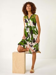 Roman Green Leaf Print Tiered Smock 100% Cotton Midi Dress - Image 1 of 4