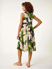 Roman Green Leaf Print Tiered Smock 100% Cotton Midi Dress - Image 2 of 4